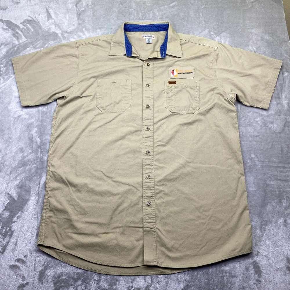 Carhartt Mens Tan Short Sleeve Work‎ Shirt Embroidered Del Mar Food Products 2XL